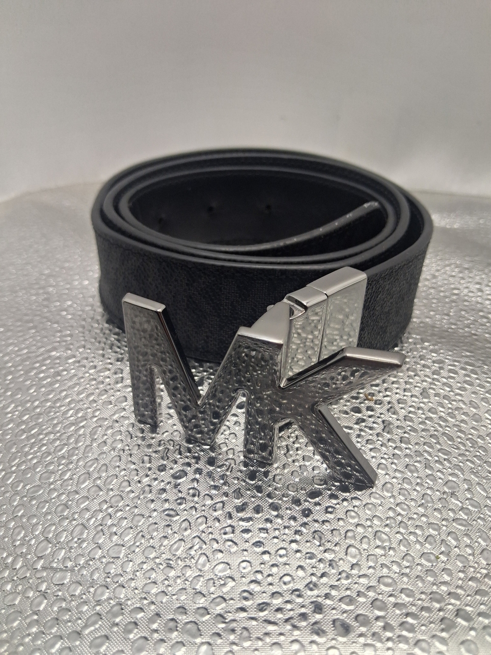 Michael Kors Black Leather Belt with MK Silver Buckle